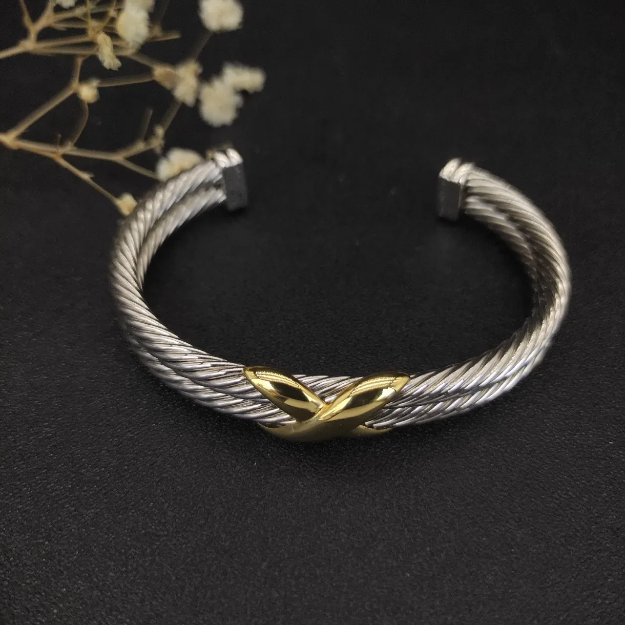 David Yurman Cable X Crossover Two-Tone Silver and Gold Open Cuff Bracelet 8