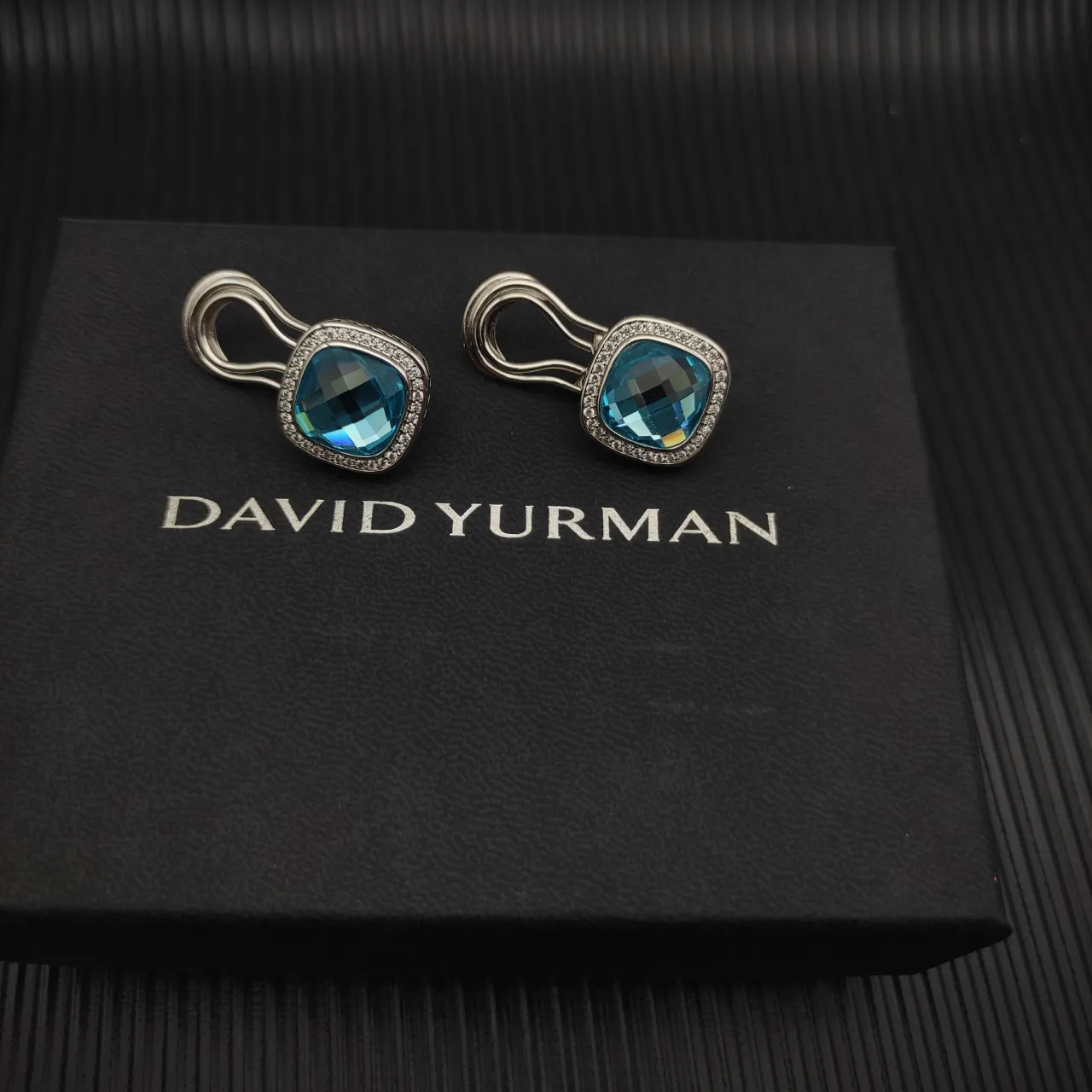 David Yurman Cushion-Cut Blue Gemstone Pavé Halo Earrings 8