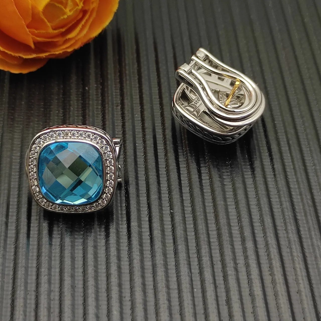 David Yurman Cushion-Cut Blue Gemstone Pavé Halo Earrings 9