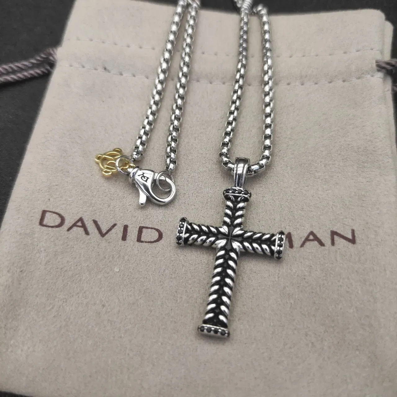 David Yurman Silver Black Cross Pendant Twisted Rope Detail Necklace 6