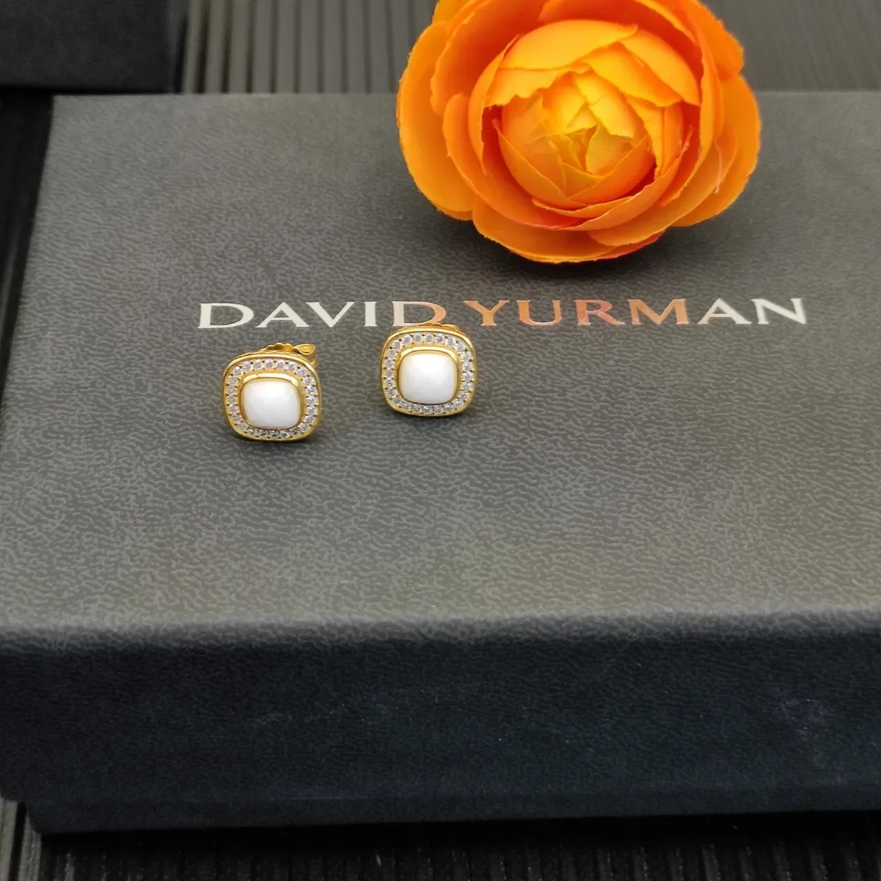 David Yurman Square Cushion Pavé Halo White Cabochon Stud Earrings 8