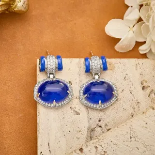 أزرق عميق Cabochon Pavé-Halo أقراط معلقة