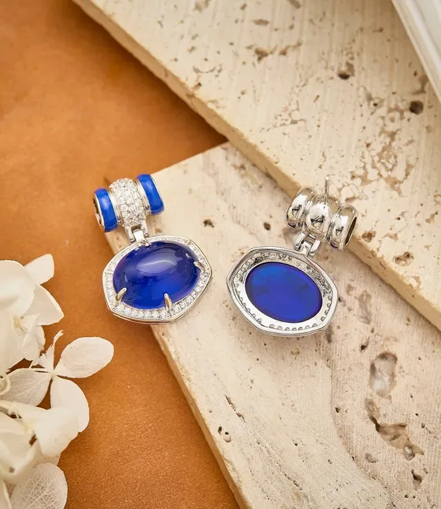 Deep Blue Cabochon Pavé-Halo Dangling Earrings 2