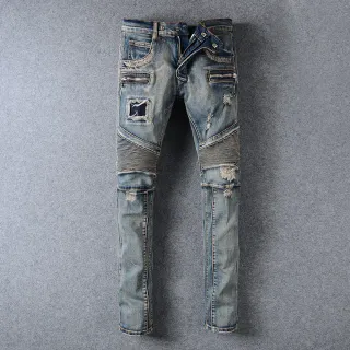 Distressed Moto-Panelled Zip-Pocket Blue Jeans