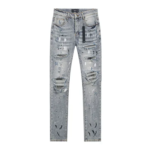Jeans slim fit light-wash distressed com salpicaduras de tinta 2