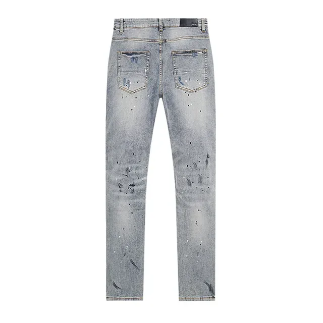 Jeans slim fit light-wash distressed com salpicaduras de tinta 3