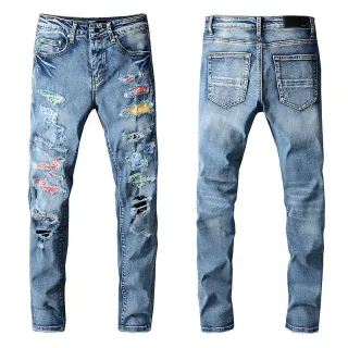 distressed 拼布 中洗蓝色 修身牛仔裤