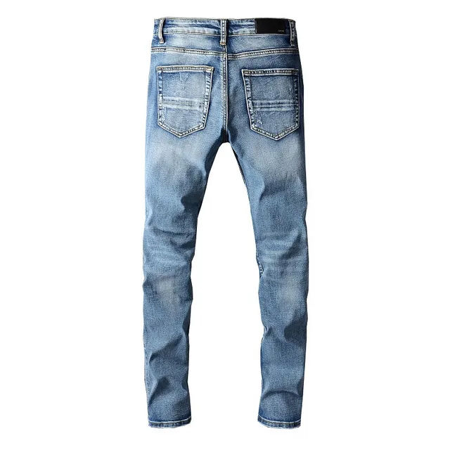 distressed patchwork bleu lavé moyen slim-fit jeans 7