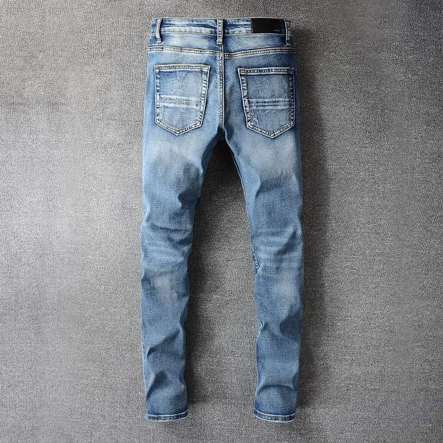 distressed patchwork bleu lavé moyen slim-fit jeans 8