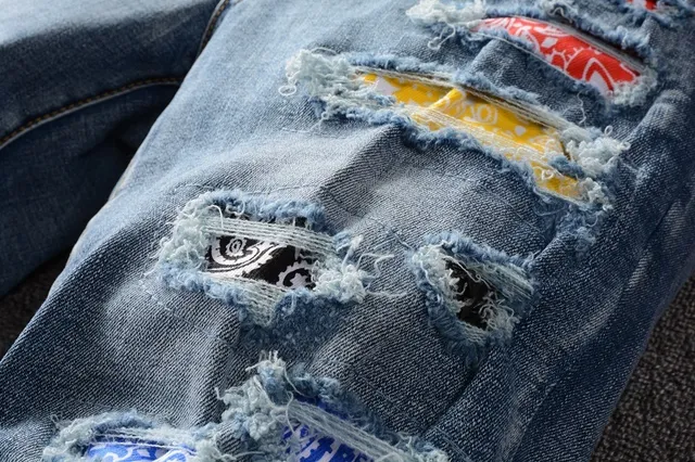 distressed patchwork bleu lavé moyen slim-fit jeans 13