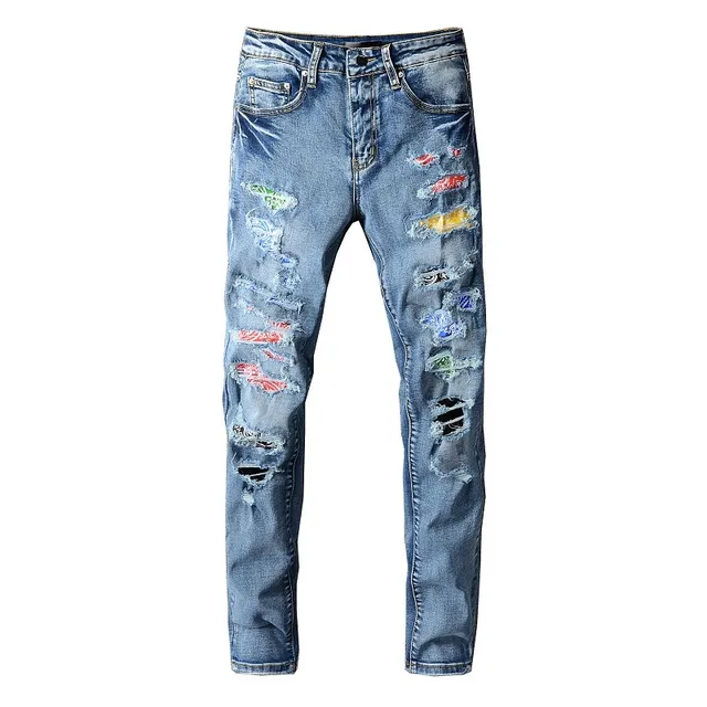 distressed patchwork bleu lavé moyen slim-fit jeans 16