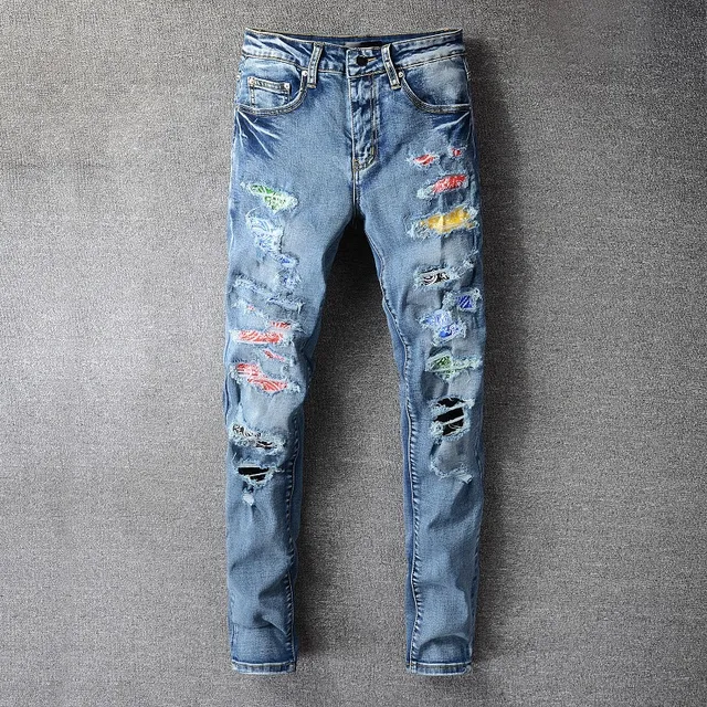 distressed patchwork bleu lavé moyen slim-fit jeans 17