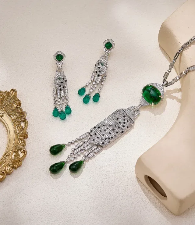 Emerald and Pavé Diamond Chandelier Earrings 7