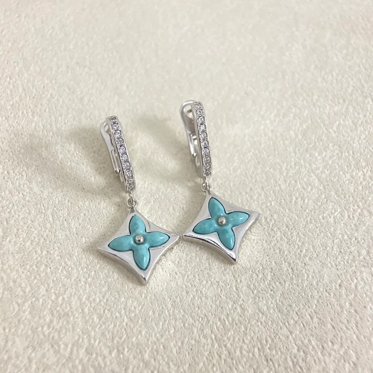 Enamel Floral Quatrefoil Clip-On Dangle Earrings 1