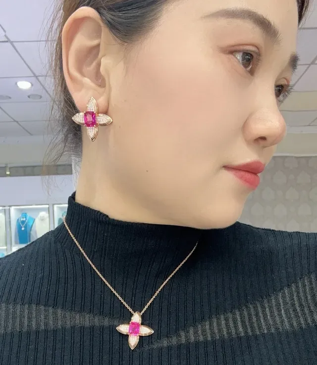 Floral Motif Pink Gemstone Pavé Diamond Earrings 4