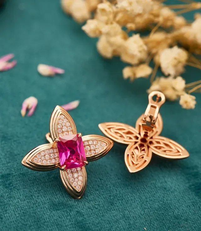 Floral Motif Pink Gemstone Pavé Diamond Earrings 7