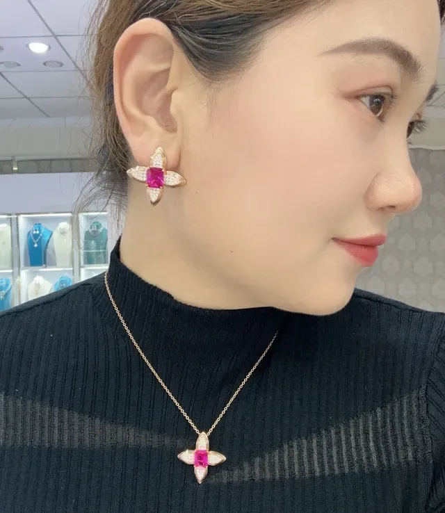 Floral Motif Pink Gemstone Pavé Diamond Earrings 8