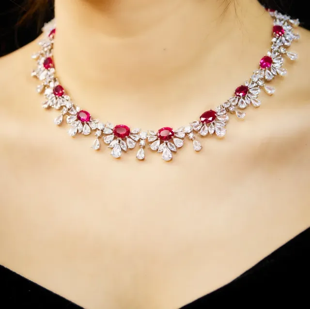 Floral Motif Ruby and Clear Gemstone Necklace 4