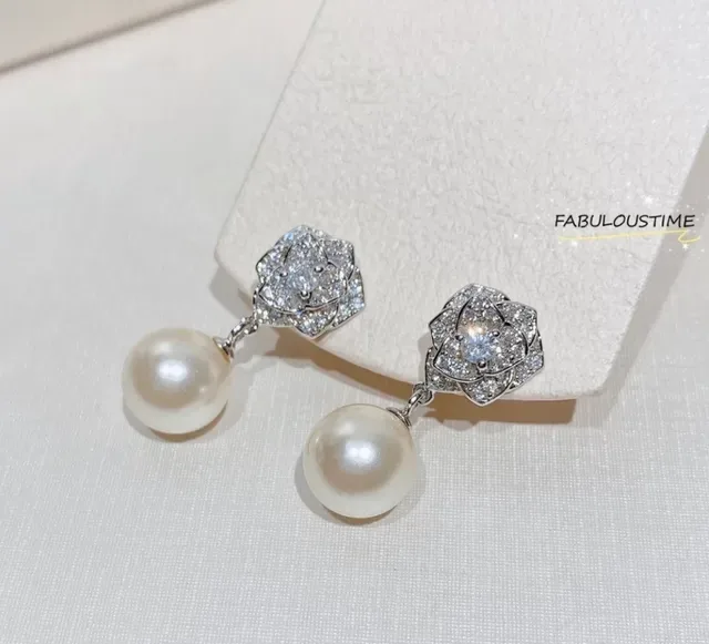 Floral Pavé Top Single Pearl Drop Earrings 4