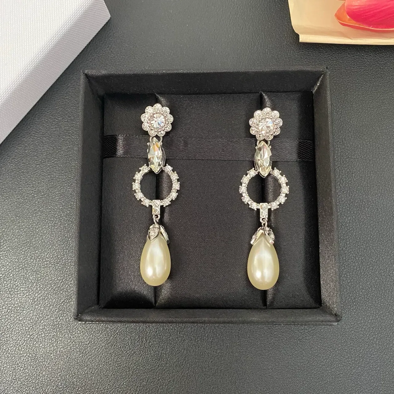 花卉顶 Marquise 水晶 开放圆圈 泪滴珍珠坠耳环 6
