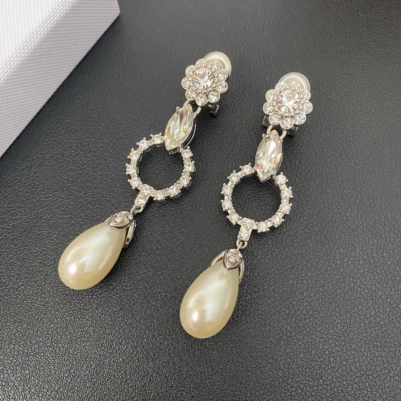 花卉顶 Marquise 水晶 开放圆圈 泪滴珍珠坠耳环 7