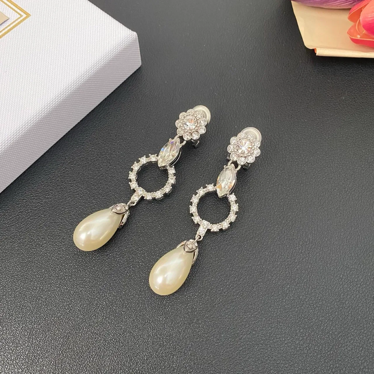 花卉顶 Marquise 水晶 开放圆圈 泪滴珍珠坠耳环 8