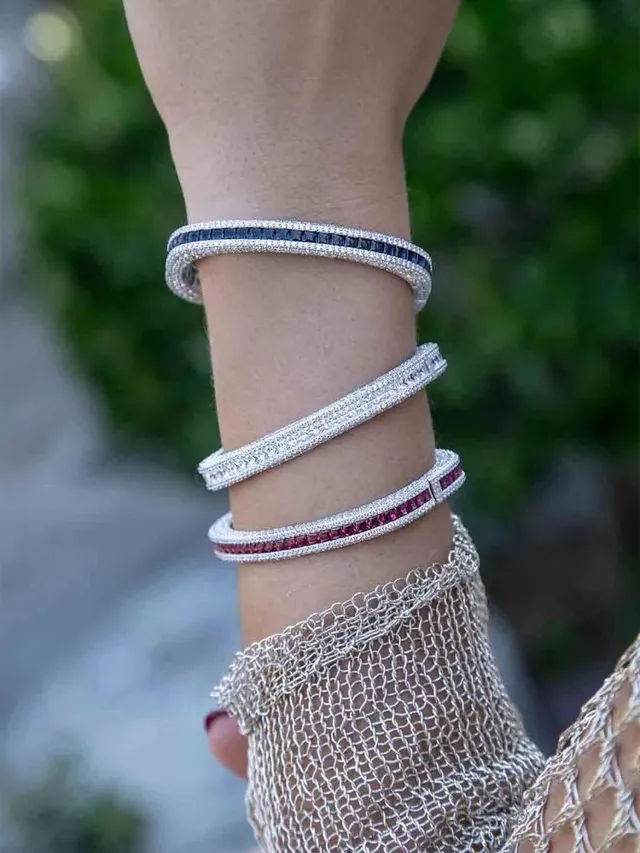 Full-Pavé Double-Row Silver-Tone Bangle Bracelets 2
