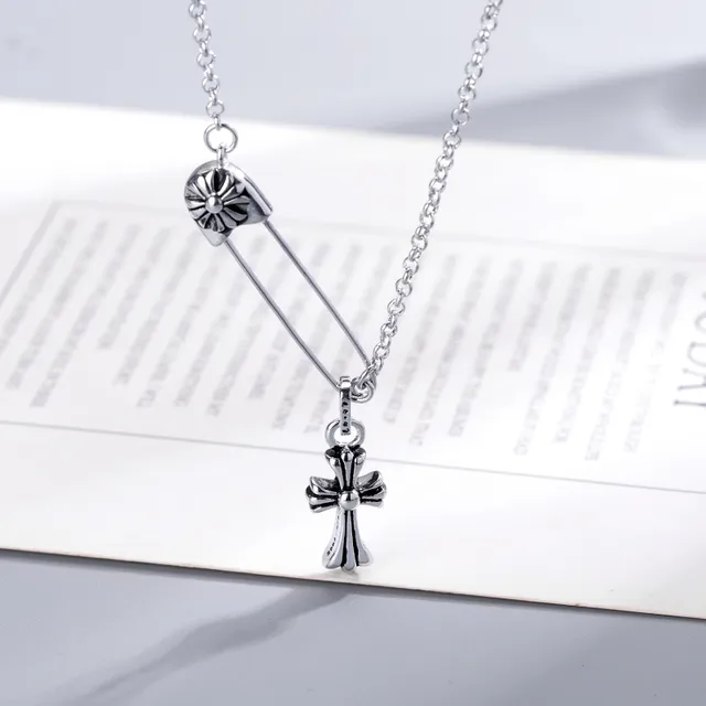 Gold and Silver Safety-Pin Cross Flower Charm Necklaces 4