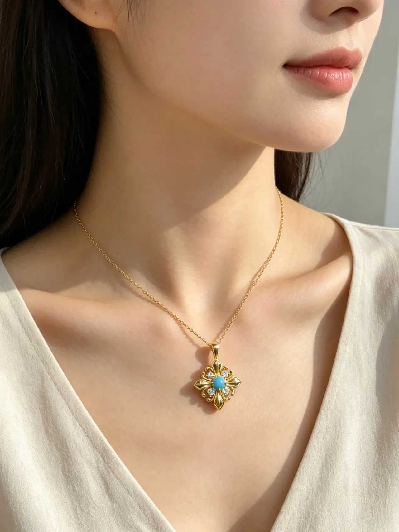 Colar com centro cabochon de ouro azul com motivo floral 3