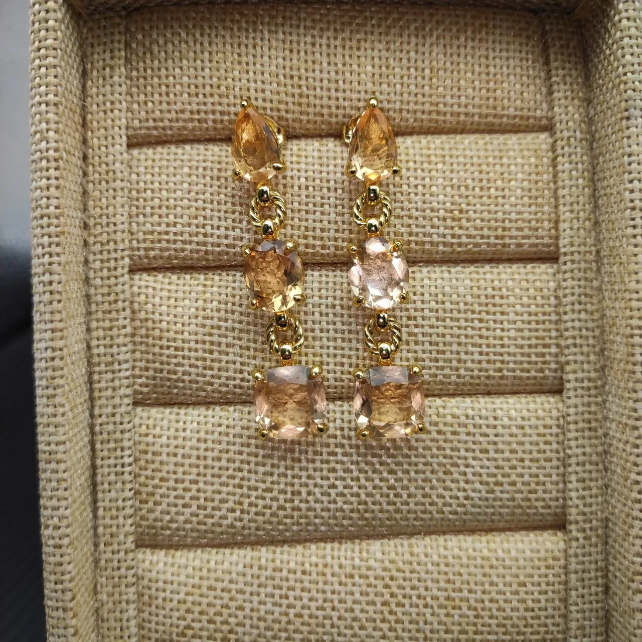 Gold Brown Three-Stone Drop Twisted Rope Links Earrings 2