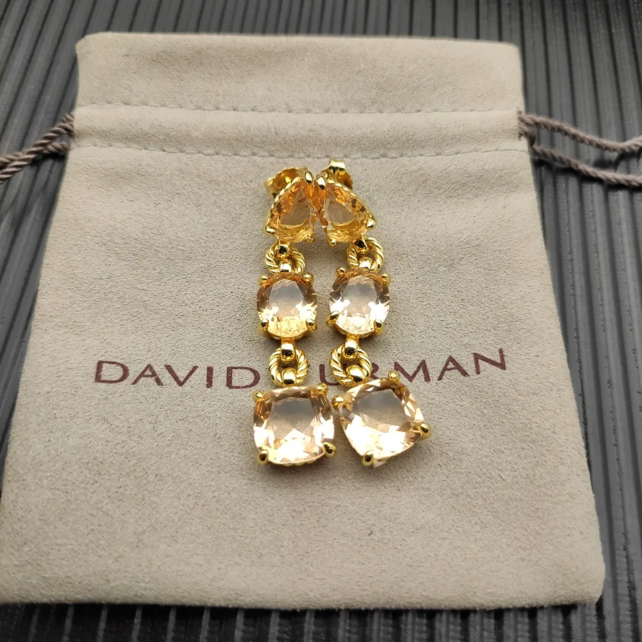 Gold Brown Three-Stone Drop Twisted Rope Links Earrings 6
