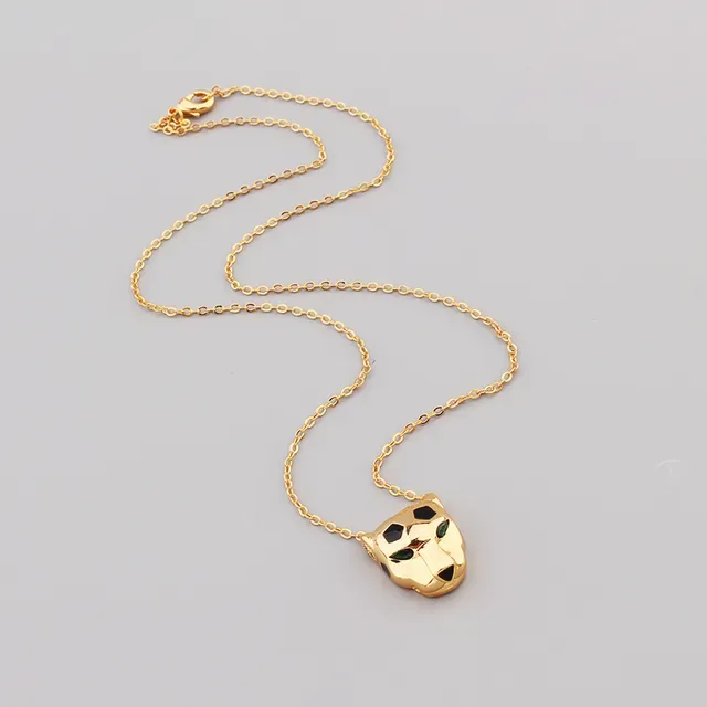 Gold Green Panther-Head Pendant Enamel Spot Detailing Necklace 9