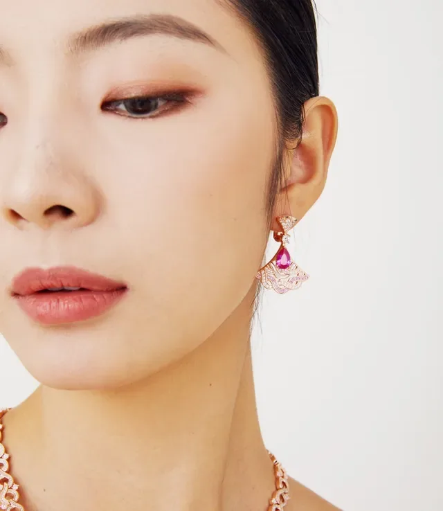 Boucles d'oreilles en or rose en forme d'éventail ajouré avec gemmes en taille poire 5