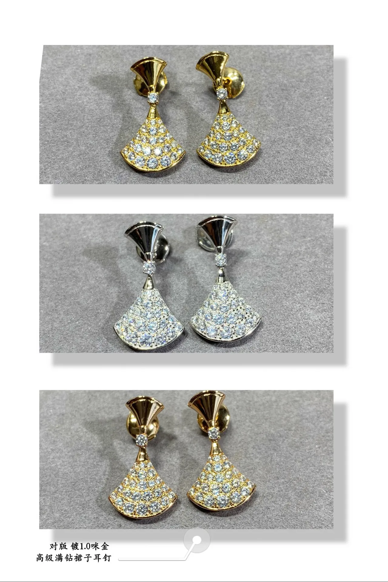 Aretes de oro y plata en forma de abanico con pavé 4