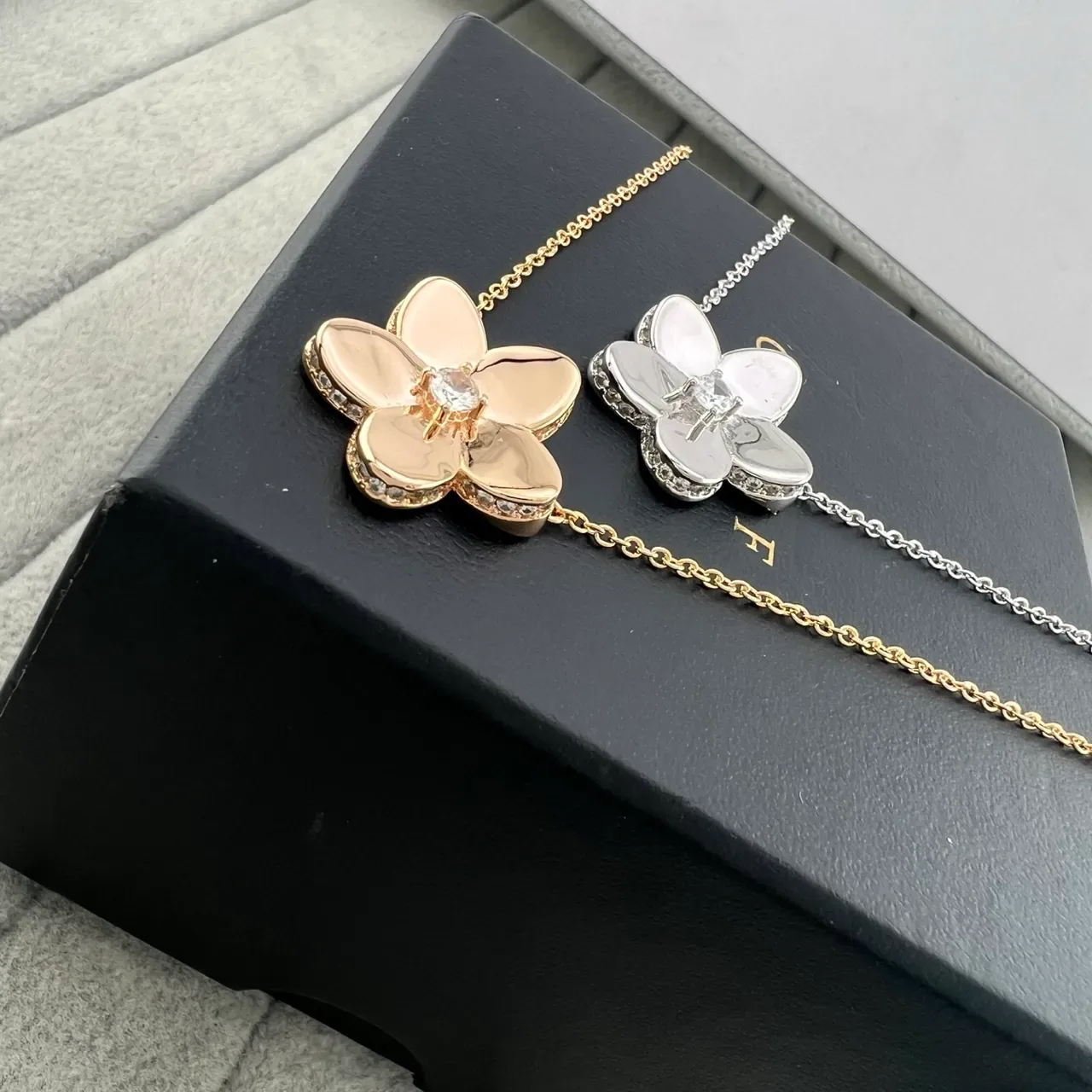 Gold Silver Flower-Shaped Pendant Pavé-Edged Petals Necklace 7