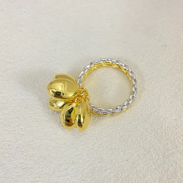 Gold Silver Two-Tone Textured Leaf Charms Ring 4