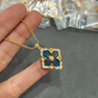 সোনালী फ्लोরাল নীল এনামেল ক্রিস্টাল পেন্ডেন্ট নেকলেস