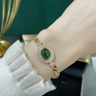 Gold-Tone Oval Green Cabochon Pavé Halo Chain Bracelet