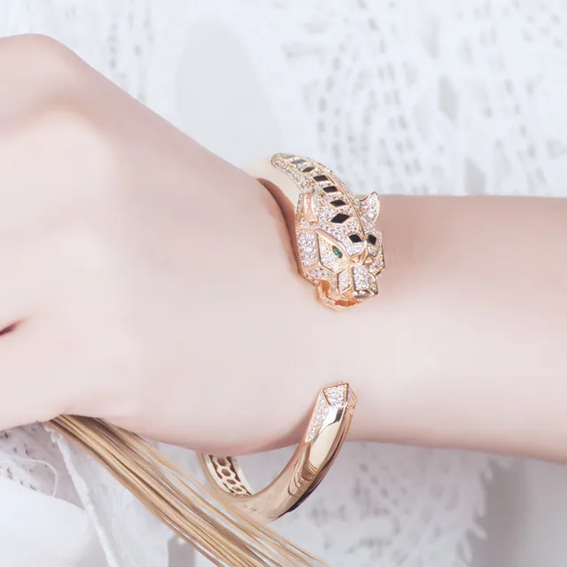 Gold-Tone Panther Head Pavé Crystal Open Cuff Bracelet 9