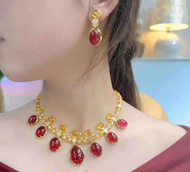 Gold-Tone Pink and Yellow Gemstone Drop Earrings 4
