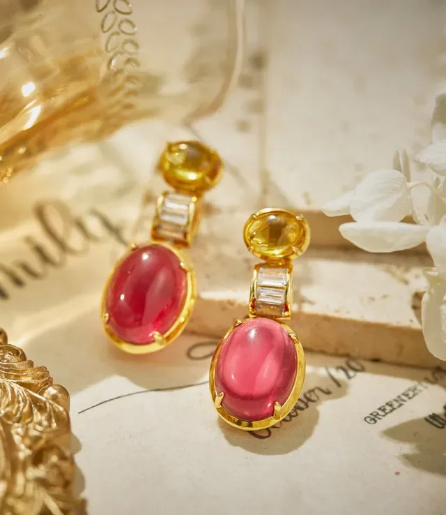 Gold-Tone Pink and Yellow Gemstone Drop Earrings 5