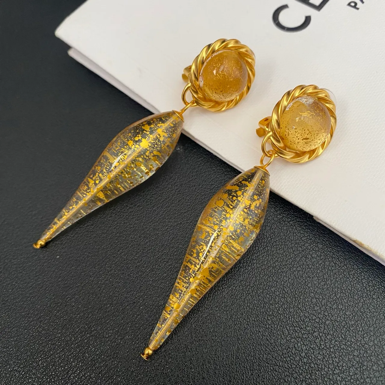 Gold Transparent Twisted Hoop Resin Teardrop Earrings 6