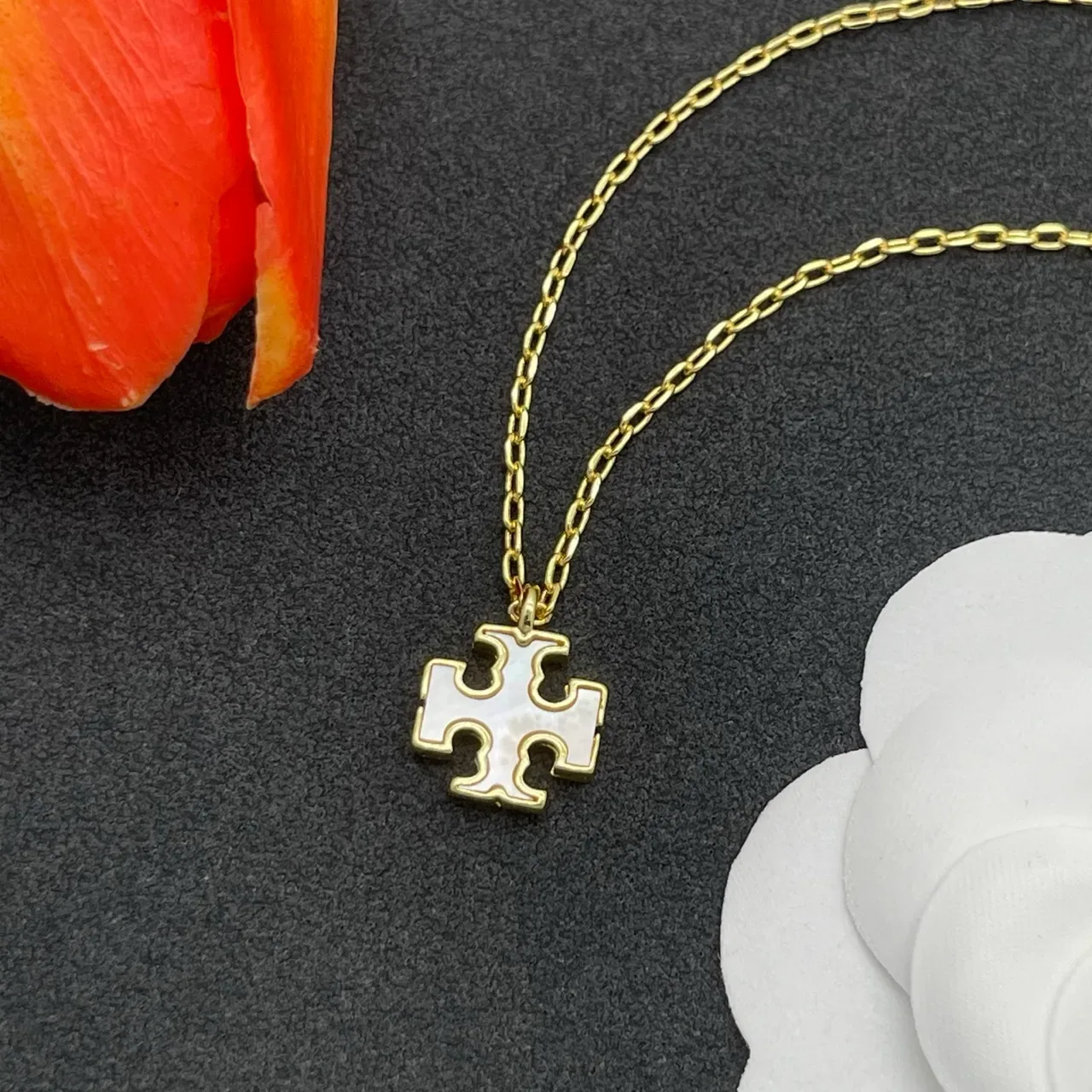 Gold White Link Chain Cross-Shaped Pendant Necklace 7