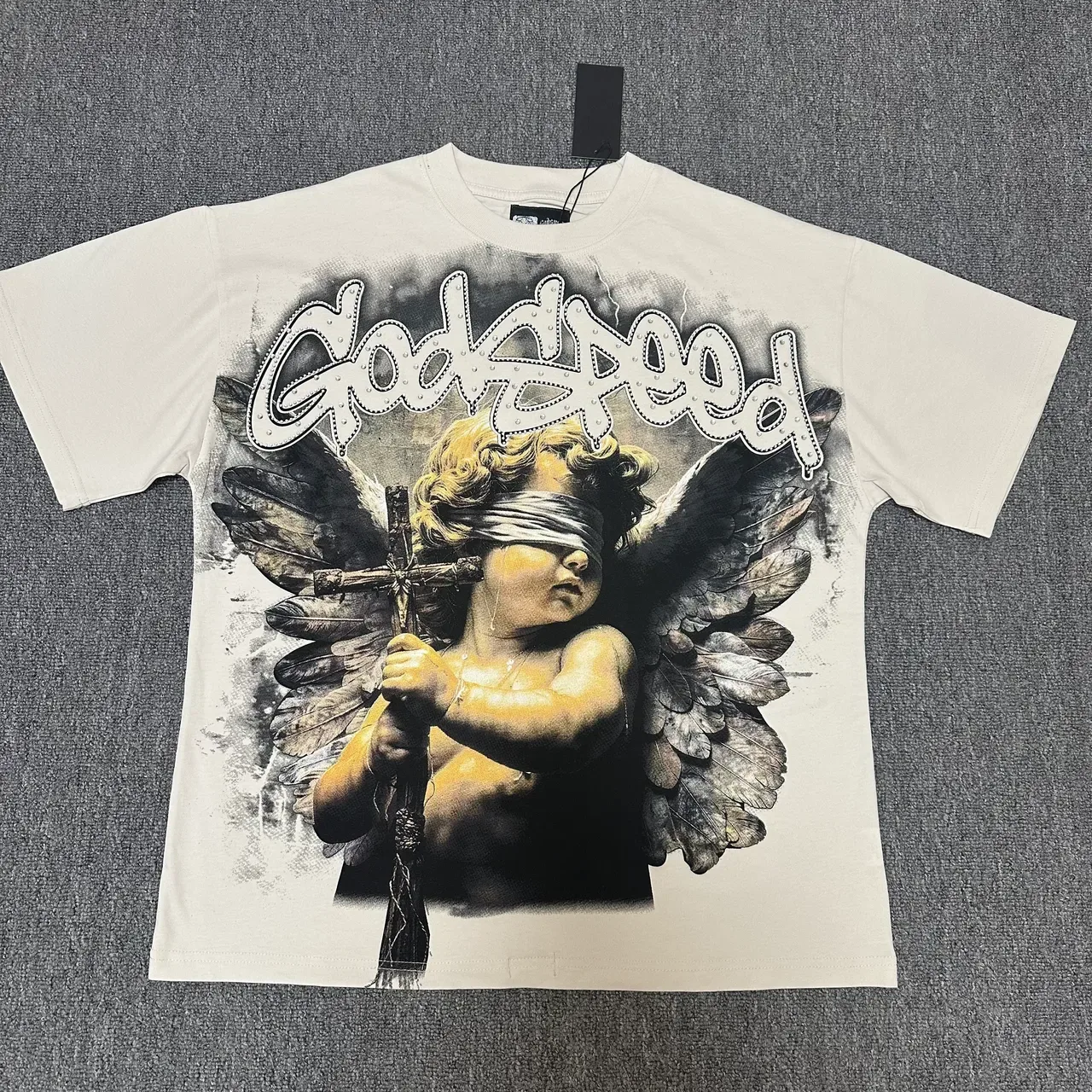 Graphic Print Blindfolded Cherub Winged Angel T-Shirt 4