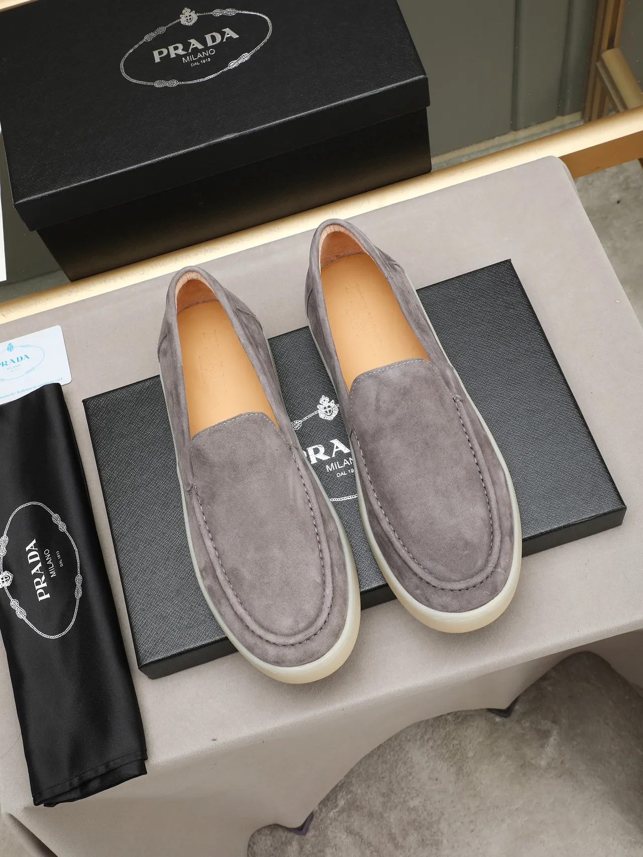 Gray Beige Suede Upper Moc-Toe Stitching Loafer 2
