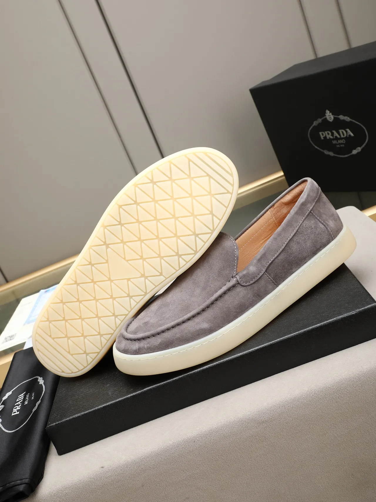 Gray Beige Suede Upper Moc-Toe Stitching Loafer 4