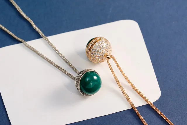 Green Gold Pavé-Set Crystal Dome Two-Tone Spherical Pendant Necklace 8
