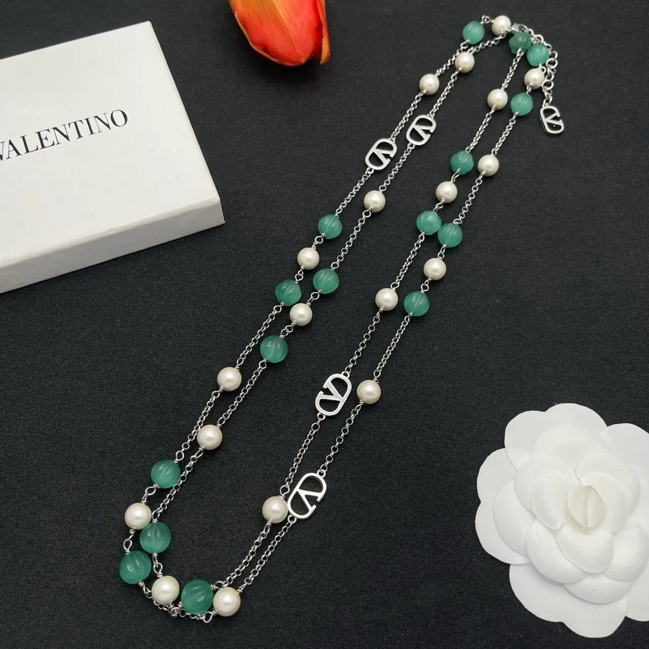 Green White Double-Strand Pearl And Chalcedony Bead Necklace 7