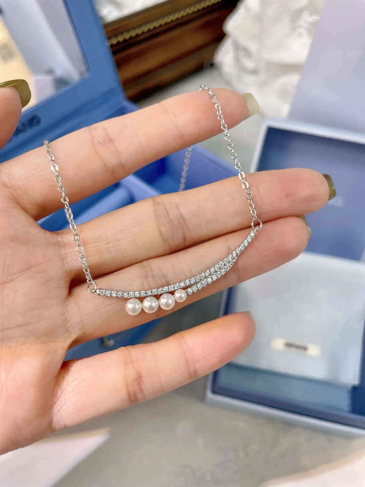 HEFANG Silver White Curved Bar Pendant Pavé Crystal Setting Necklace 9
