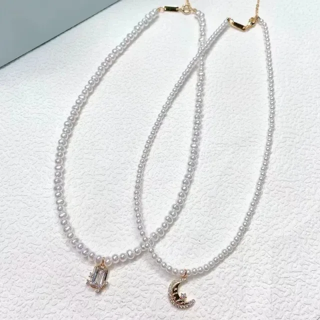 HEFANG White Gold Pearl Strand Rectangular Crystal Pendant Necklace 3